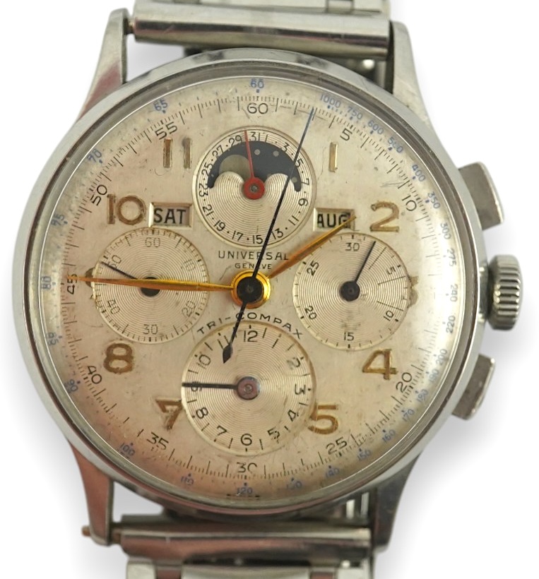 A gentleman's mid 20th century stainless steel Universal Tri-Compax calendar moon phase manual wind wrist watch